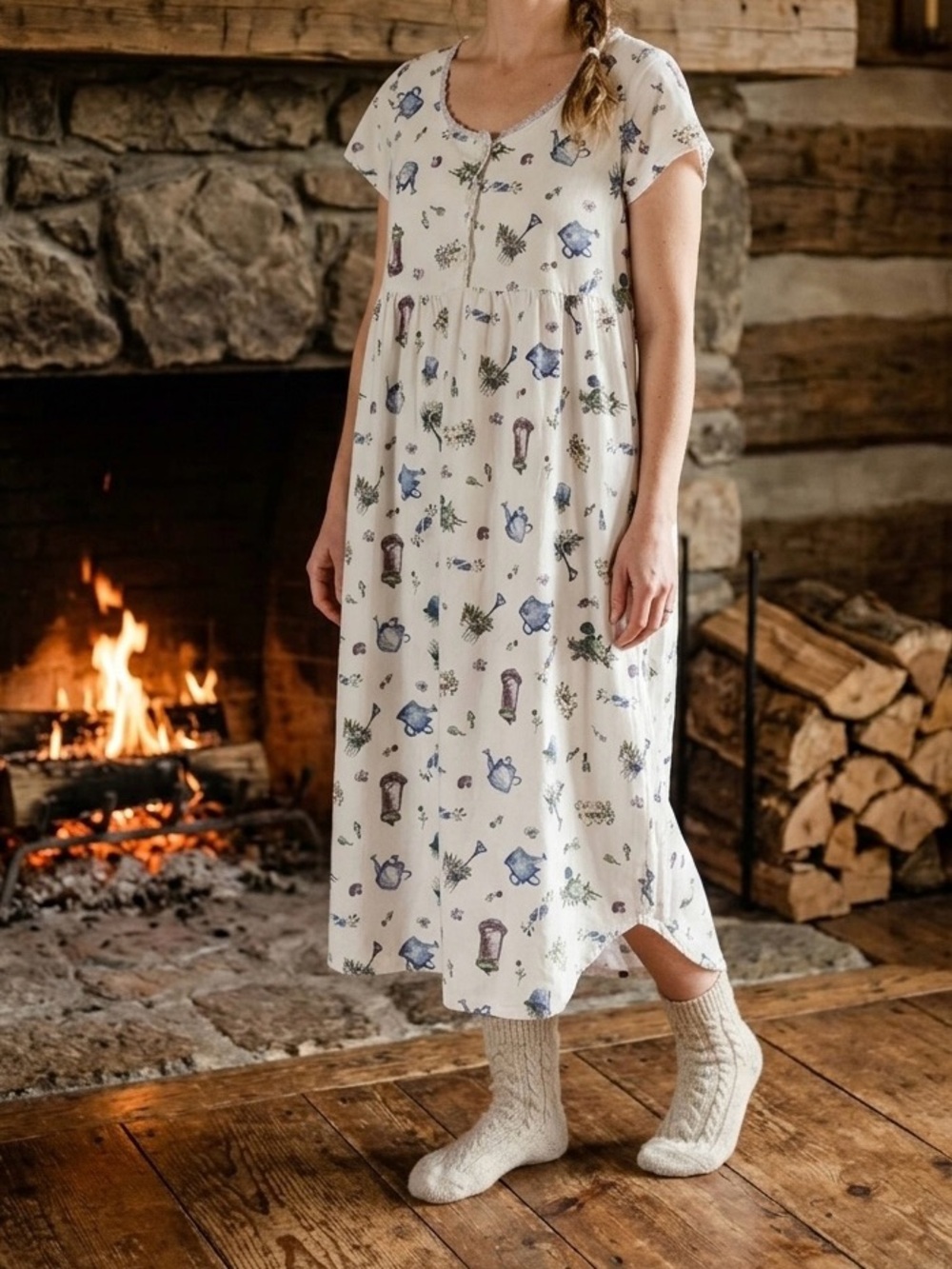 Vtg Sunday Brunch Eileen West Cotton Gardening Nightgown XL